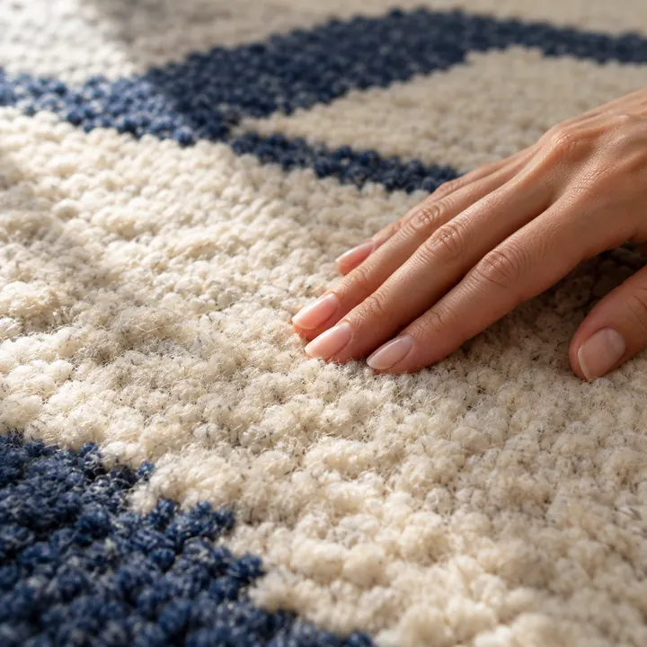Mano acariciando las fibras limpias y esponjosas de una alfombra crema y azul marino
