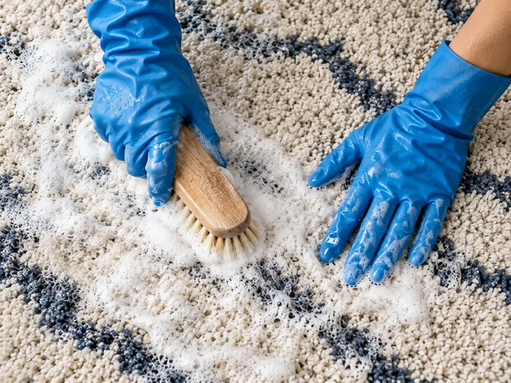 Manos con guantes azules lavando a mano una alfombra con agua, espuma y un cepillo