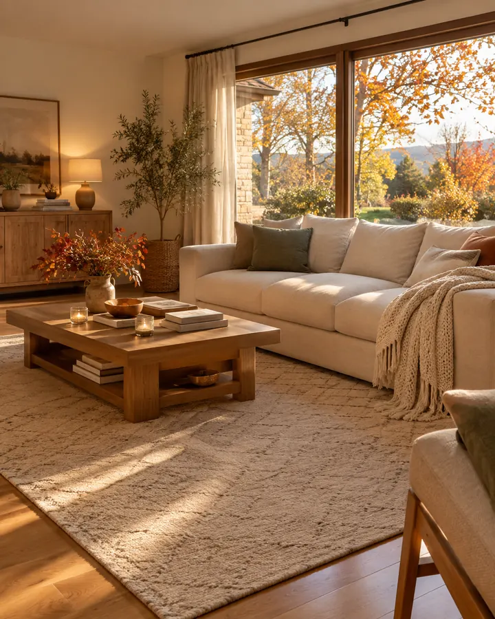 Salón luminoso en otoño con una alfombra de lana clara, impecable, sobre suelo de madera