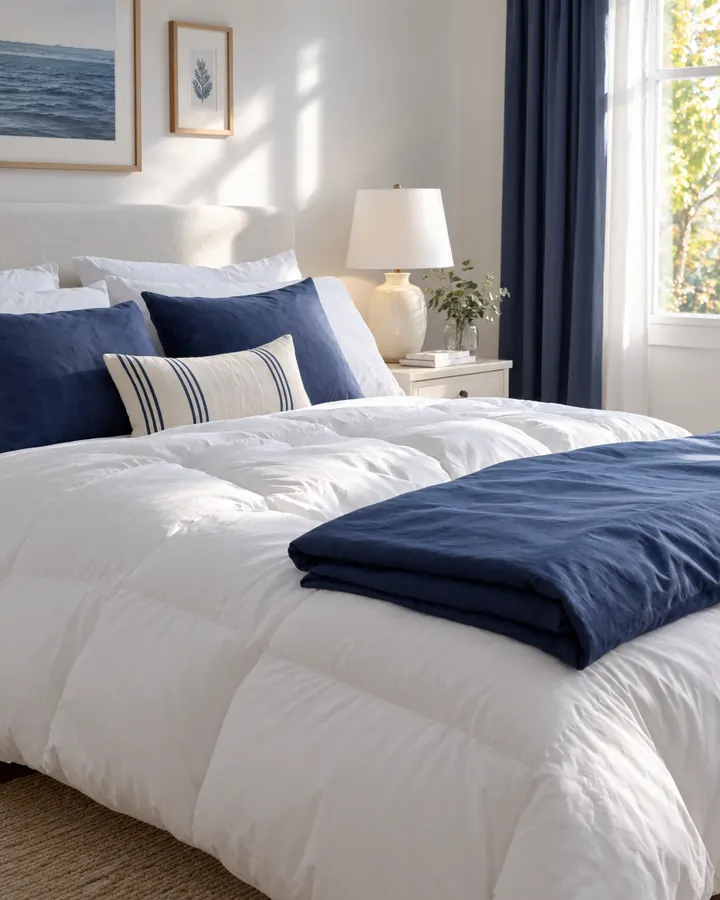 Cama con un edredón nórdico blanco y esponjoso y una funda nórdica azul marino planchada y doblada a los pies