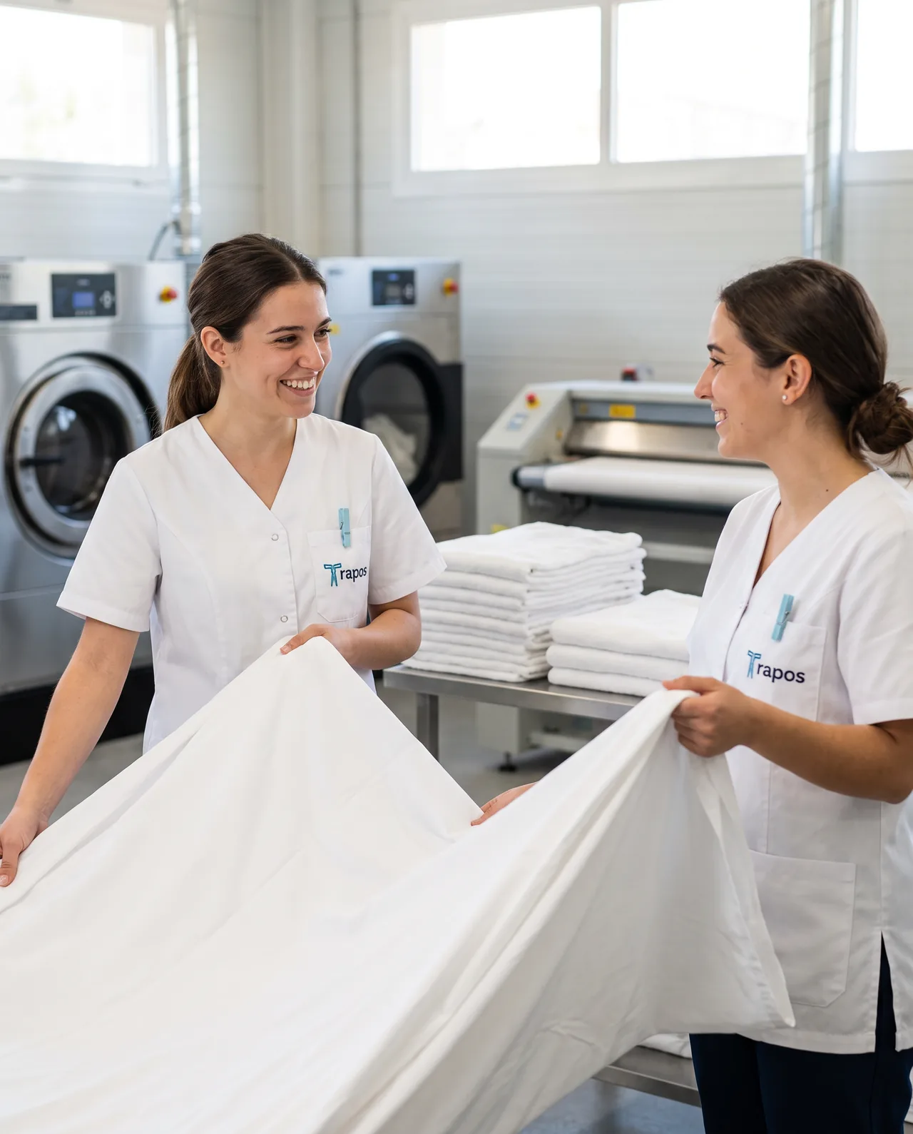 Dos trabajadoras con uniforme de Trapos doblan una sábana blanca, con lavadoras industriales al fondo